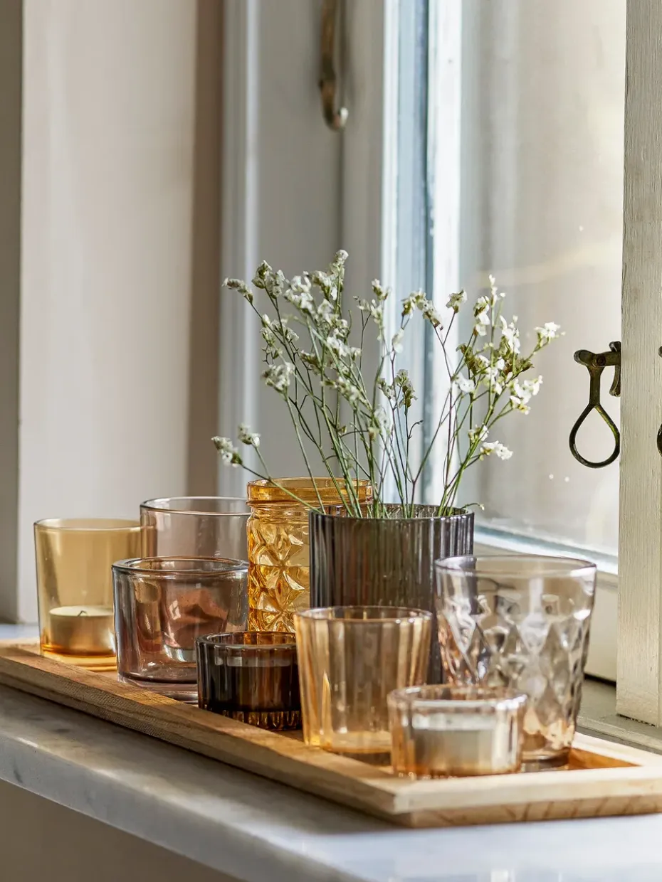 Bandeja Sanga con portavelas 10 piezas, Marrón