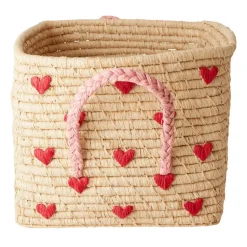 Cesta con asas Rice rafia 30x30 cm, Red hearts