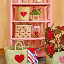 Cesta con asas Rice rafia 30x30 cm, Red hearts