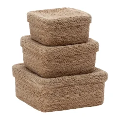 Cesta cuadrada Emil con tapa, 3 piezas, Natural