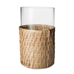 Jarrón/portavelas Ernst en cesta, Natural, Ø18×30 cm
