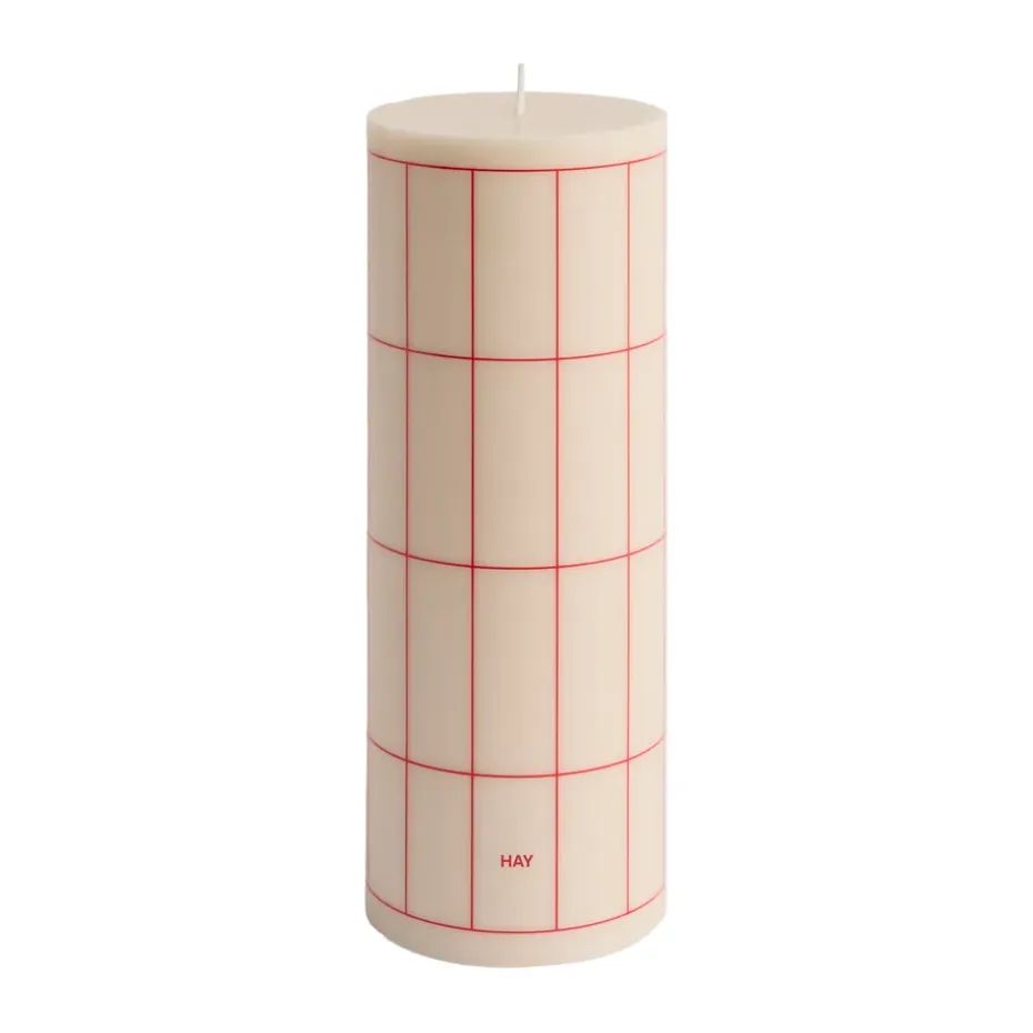 Vela gruesa Column Candle large 25 cm, Off white-red grid check